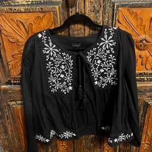 Ann Taylor Black Blouse with White Embroidery